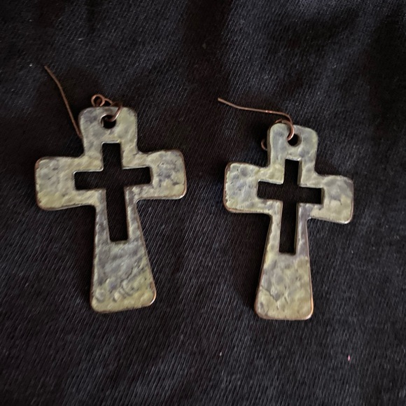 2 inch cross earrings tarnishes bronze look costume jewelry - Picture 2 of 3